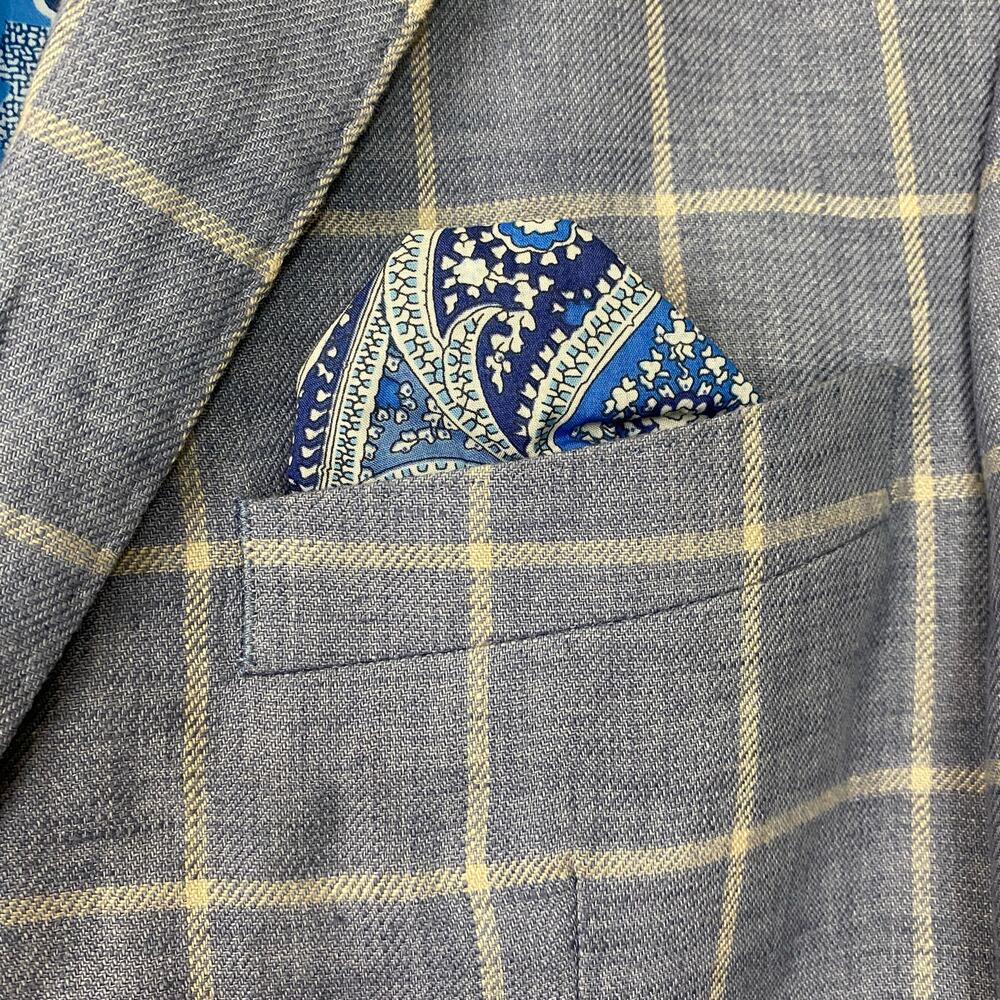 Tallia Mens Windowpane Plaid Elbow Patch Linen Blazer Sport Coat 38R Blue Check - Picture 5 of 14